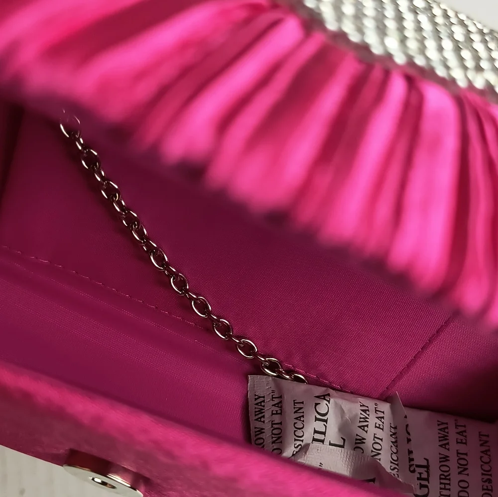 Satin Clutch Bag Faux Rhinestone Plaited Hot Pink Metal Strap Cocktail Party